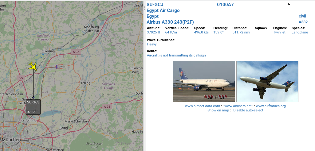Virtual Radar screenshot showing Egypt Air Cargo plane on map