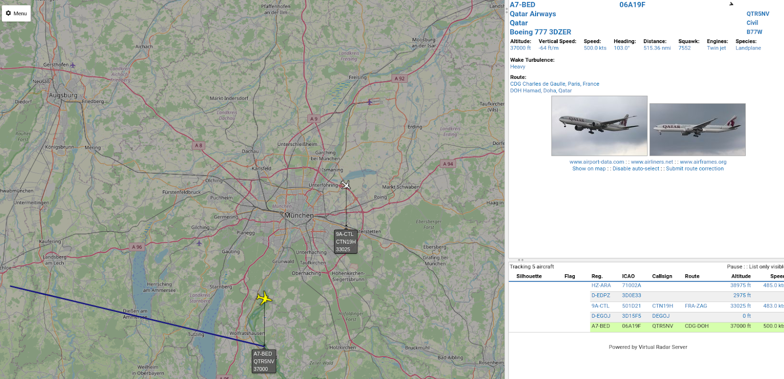Virtual Radar screenshot showing Qatar Airways plane on map